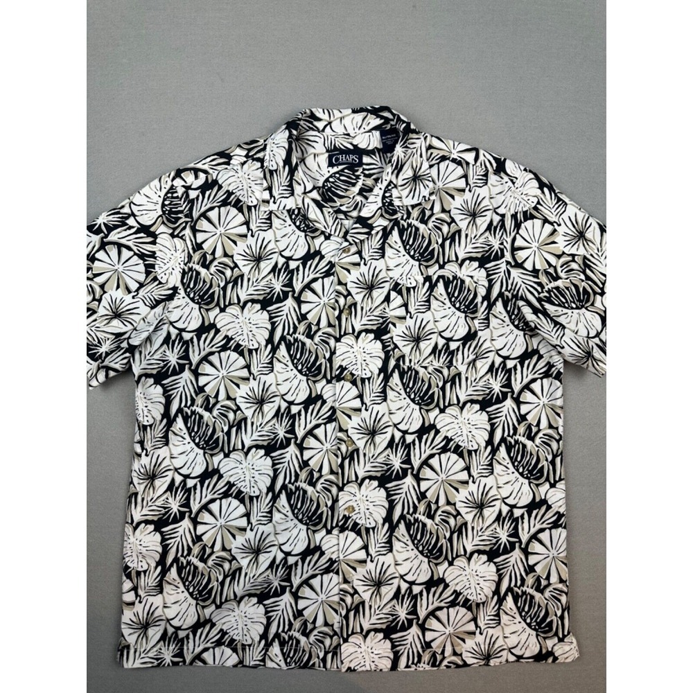 Men's Chaps Hawaiian Shirt Size XL Black White Floral Aloha Short‎ Sleeve